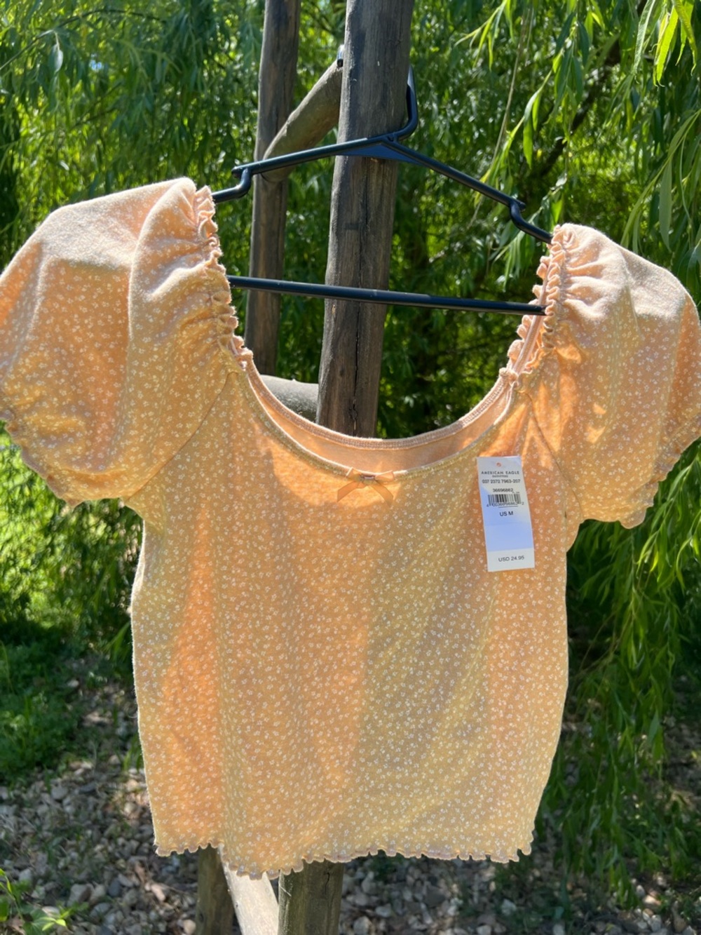 American Eagle Outfitters Peach Floral Puff-Sleeve Crop Top